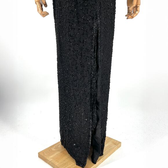 Vintage Y2K Scala Black Beaded Open Back Lattice Evening Gown - Picture 7 of 11